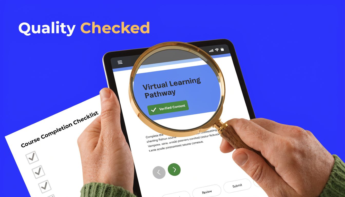 A person holds a magnifying glass over a tablet screen showing virtual learning pathway content.