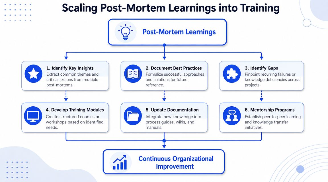 A diagram illustrating the process of scaling post-mortem learnings into training for continuous organizational improvement.