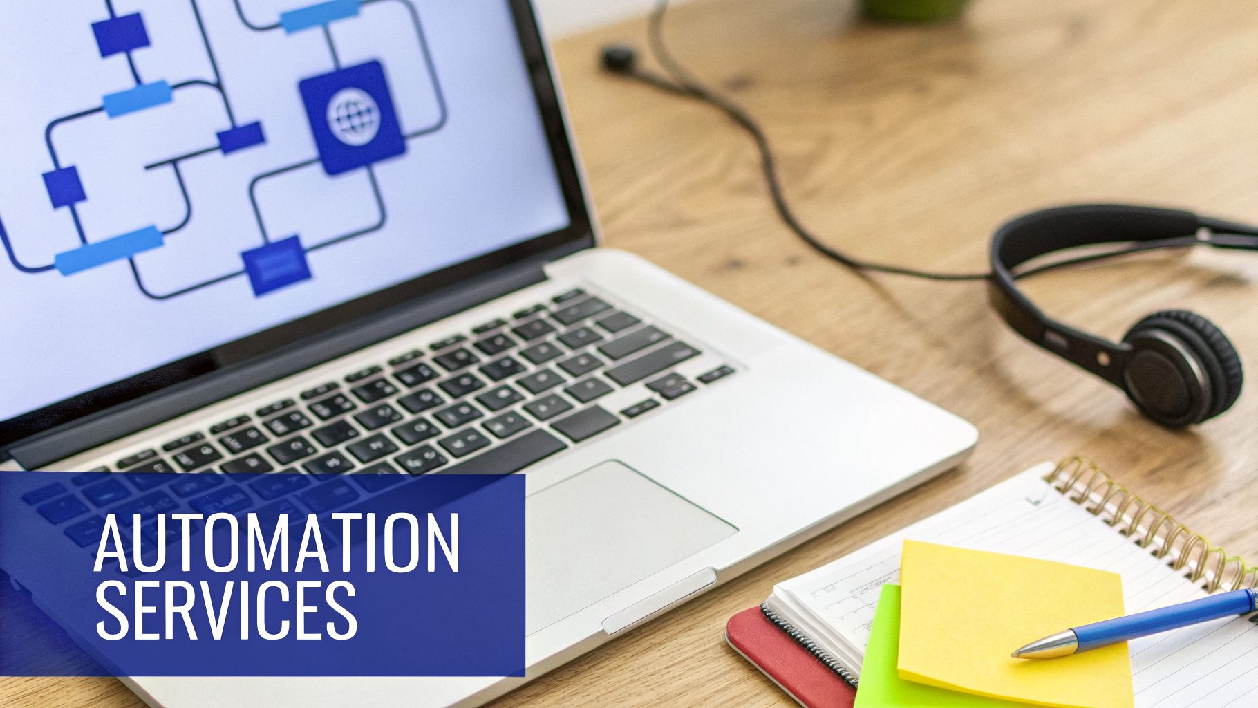 Laptop displaying an automation diagram with 'Automation Services' text overlay, alongside desk items.