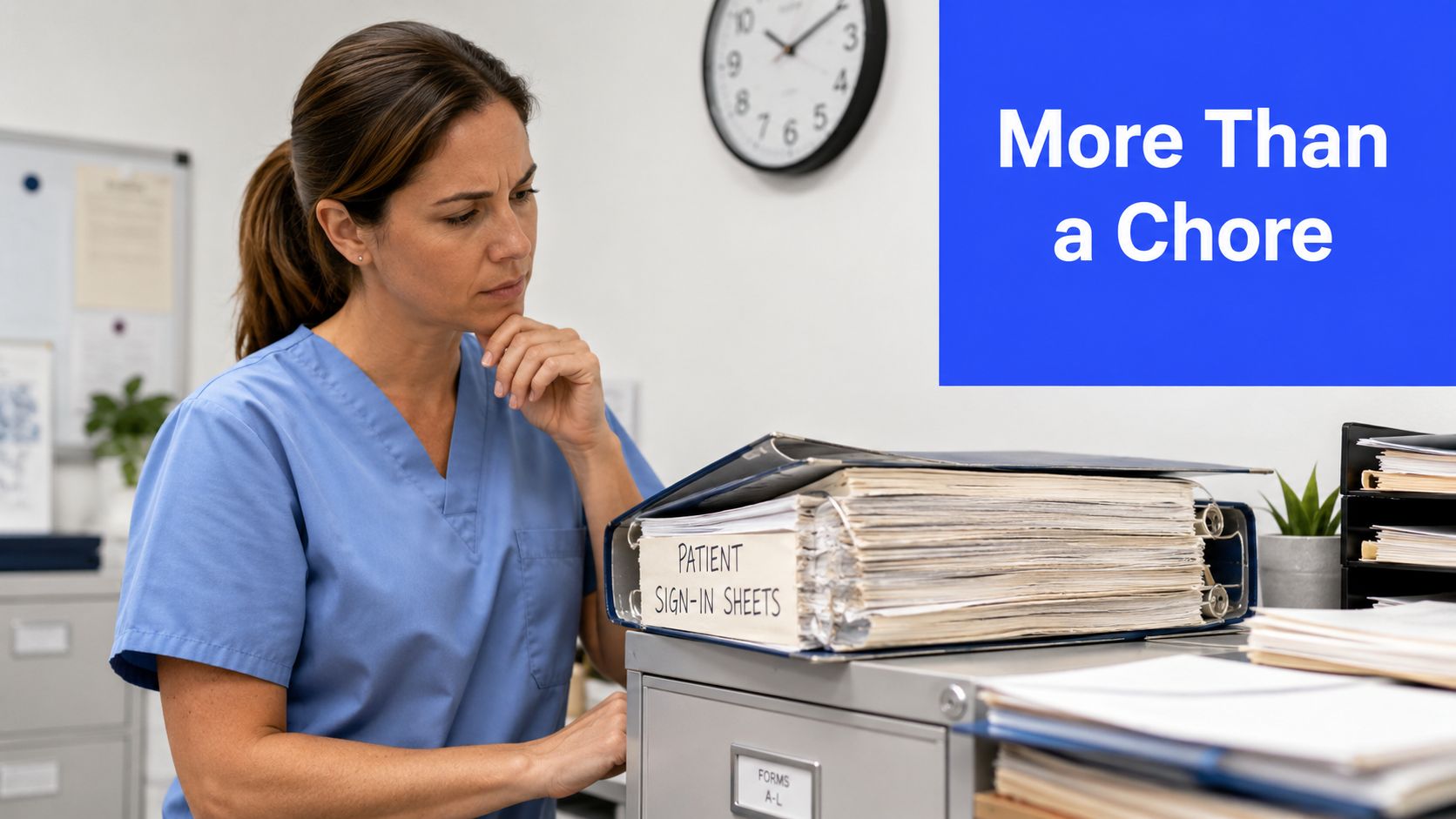 A focused medical professional reviewing a thick binder labeled patient sign-in sheets in a busy office.
