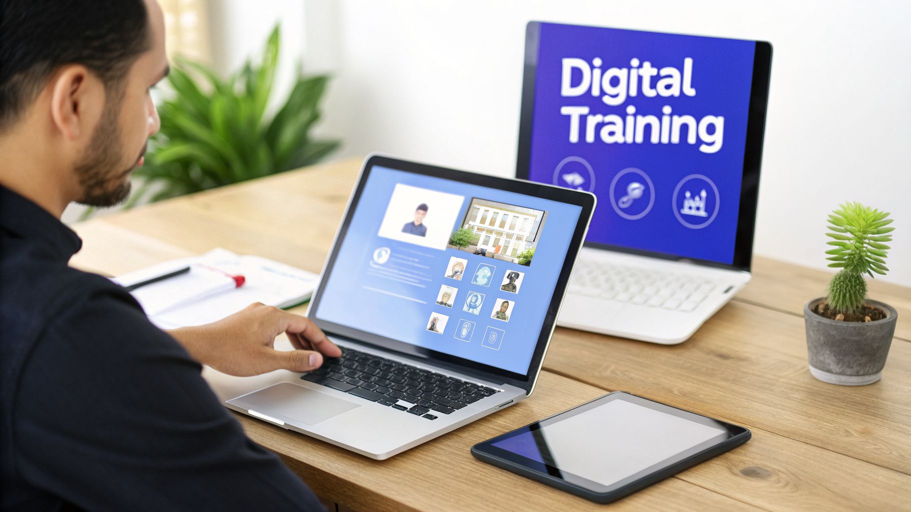 Man learning online with two laptops, one showing a video conference, the other 'Digital Training'.