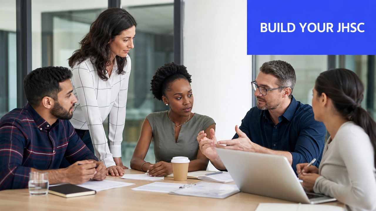 A diverse group of professionals collaborate and discuss JHSC requirements in a modern office meeting room.