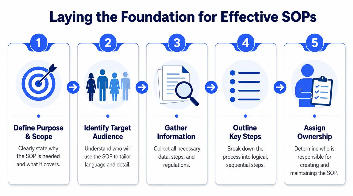 A five-step infographic illustrating the foundational process for creating effective standard operating procedures in a business.