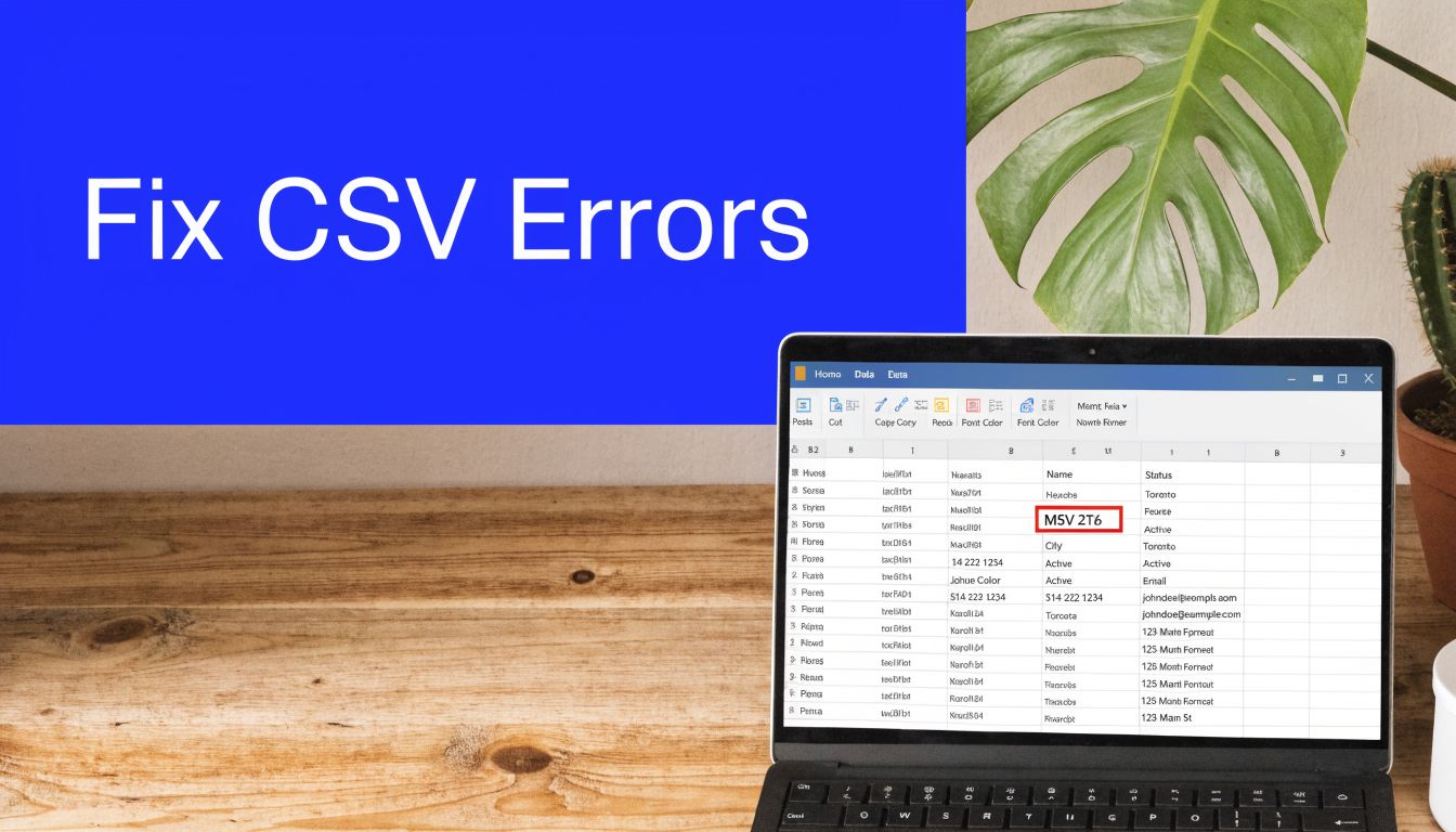 A laptop screen displaying a spreadsheet with CSV data errors on a wooden desk near a plant.