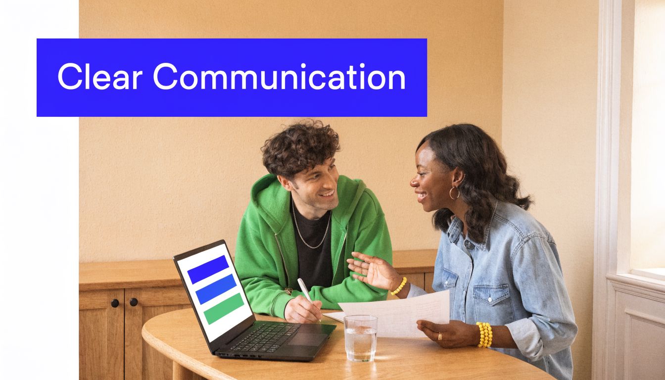A diverse man and woman collaborating while reviewing documents and working on a laptop at home.