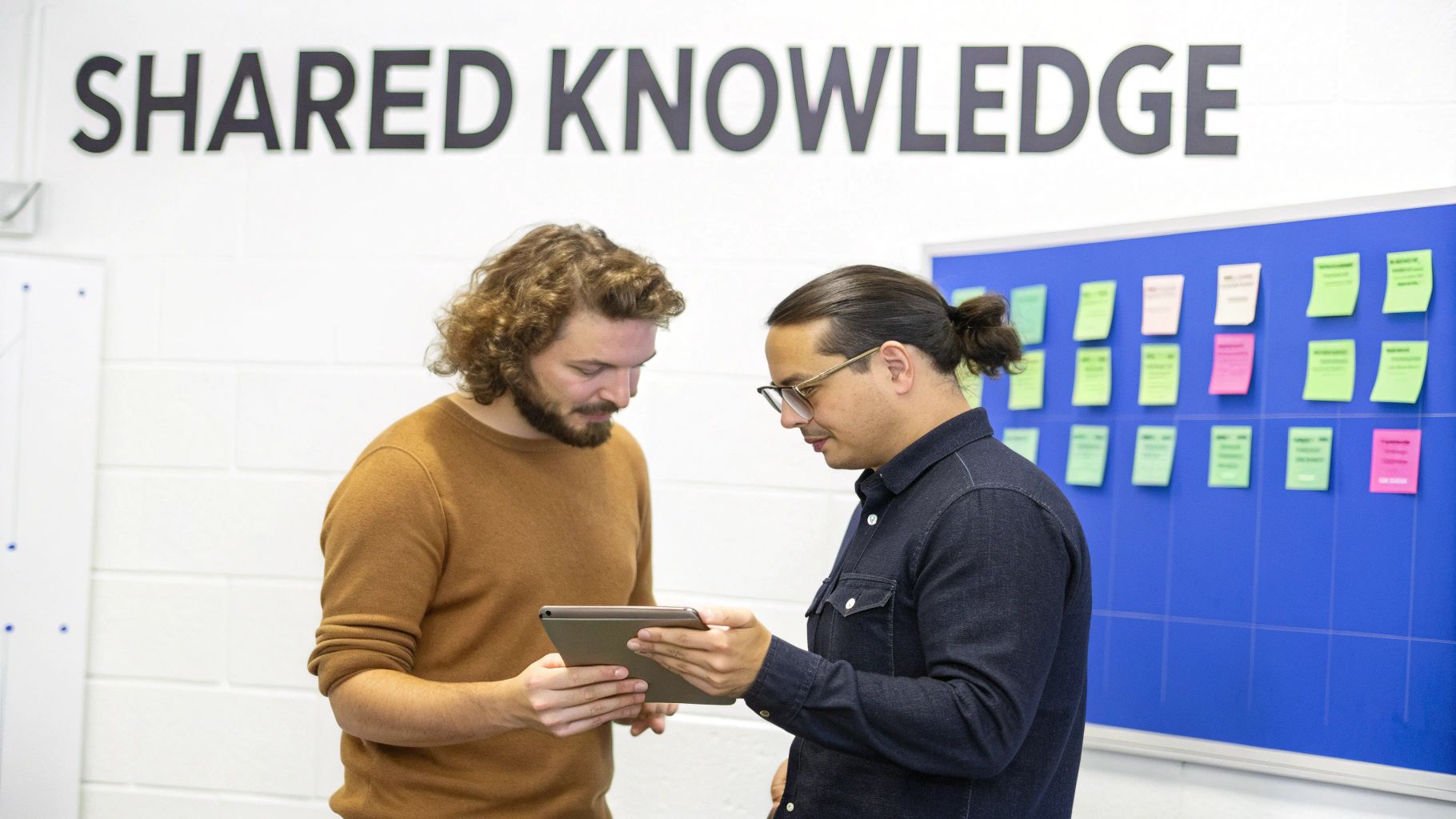 Two professionals collaborate, viewing a tablet near a "SHARED KNOWLEDGE" wall and a sticky note board.