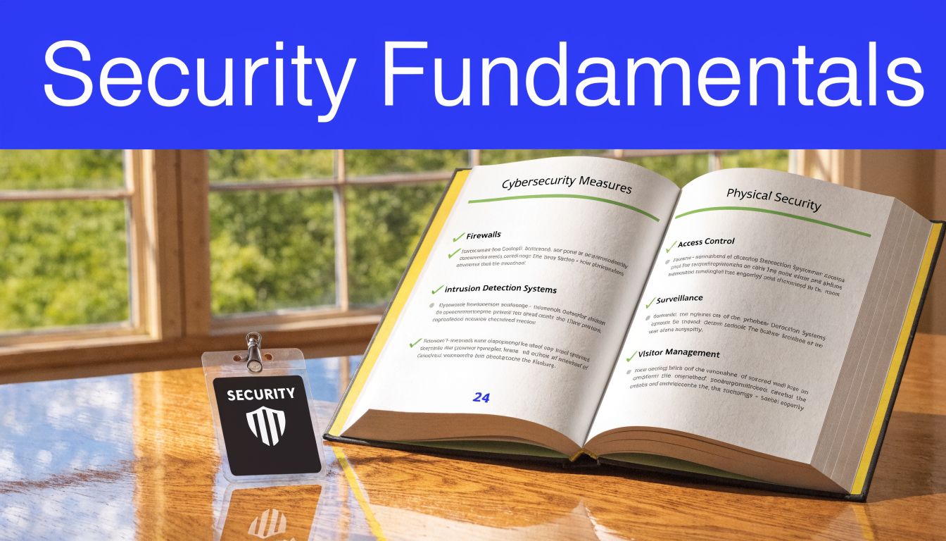 An open book on a wooden desk with a Security badge, titled Security Fundamentals and Cybersecurity Measures.
