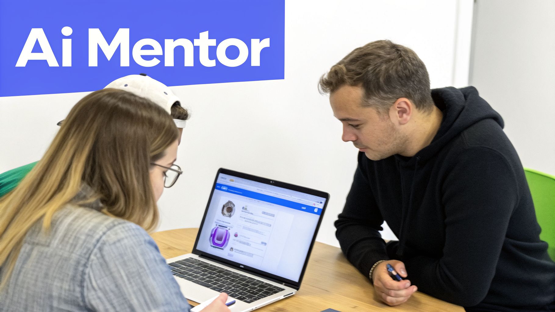 Two people, a man and a woman, collaborating and looking at an 'Ai Mentor' laptop screen.