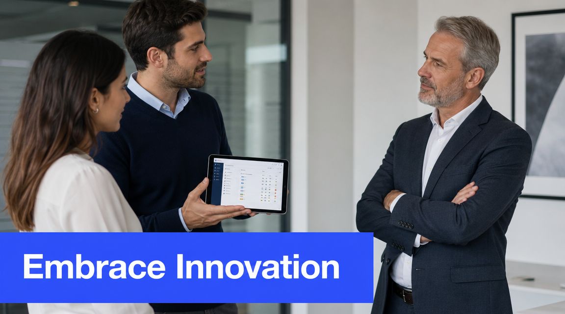 A professional man displays a tablet screen to two colleagues in a modern office, emphasizing corporate collaboration.