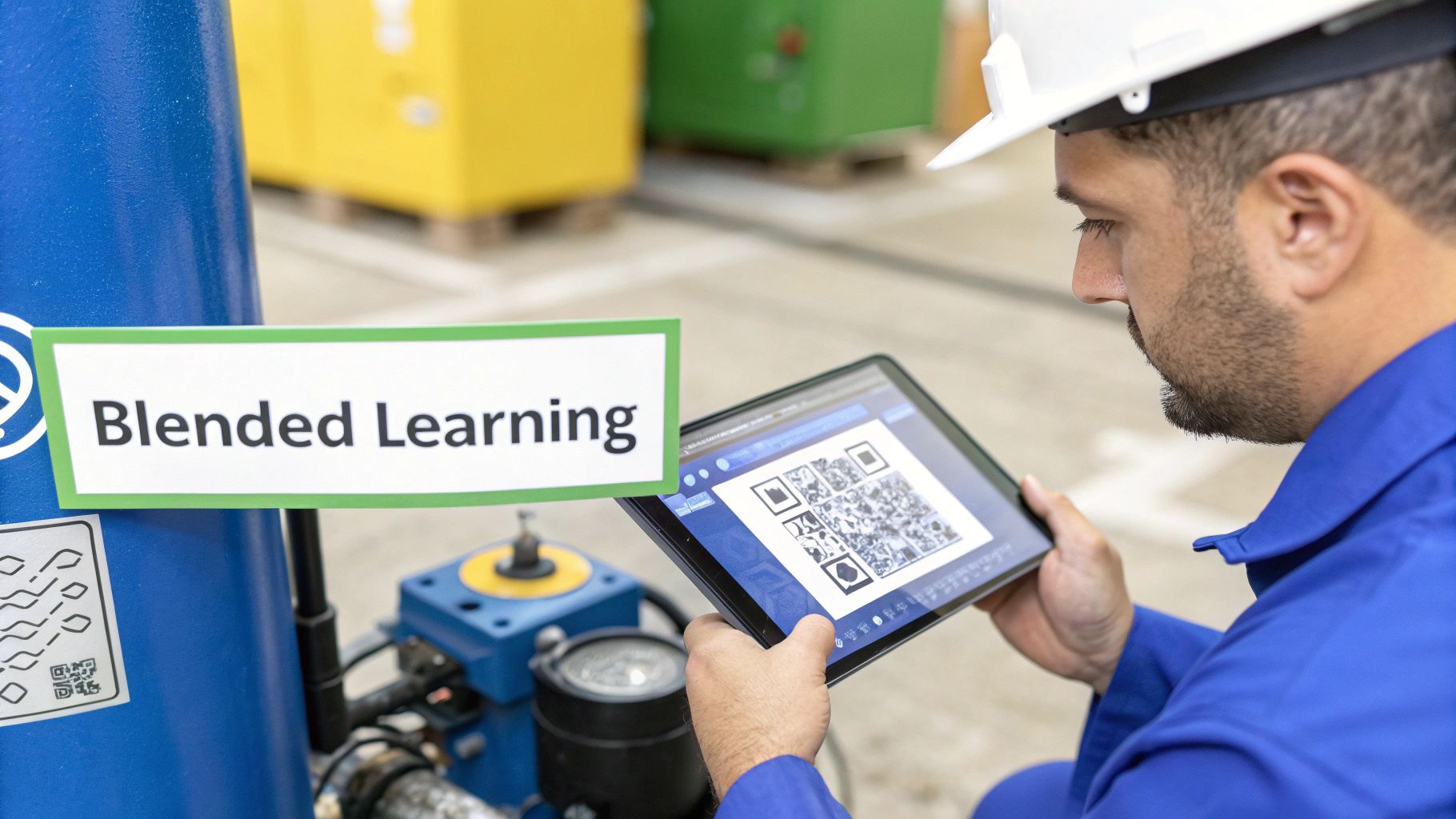 Man in hard hat uses a tablet showing a QR code next to a 'Blended Learning' sign, indicating industrial training.