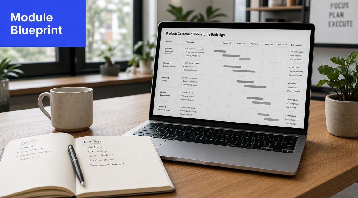 An open laptop displays a project timeline for customer onboarding redesign on a wooden desk with a notebook.