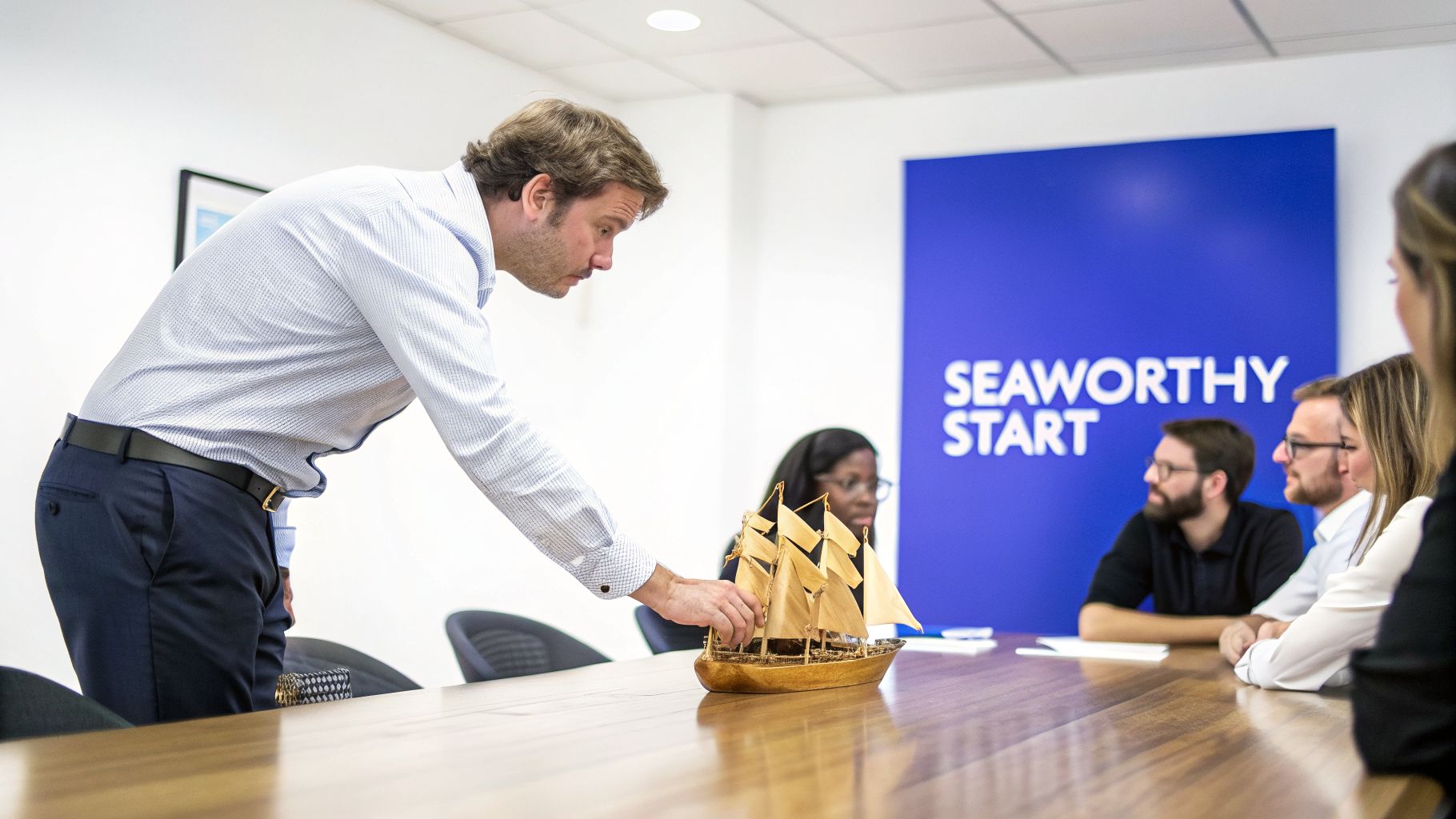 A man demonstrates a model sailboat to employees during a business meeting at Seaworthy Start.