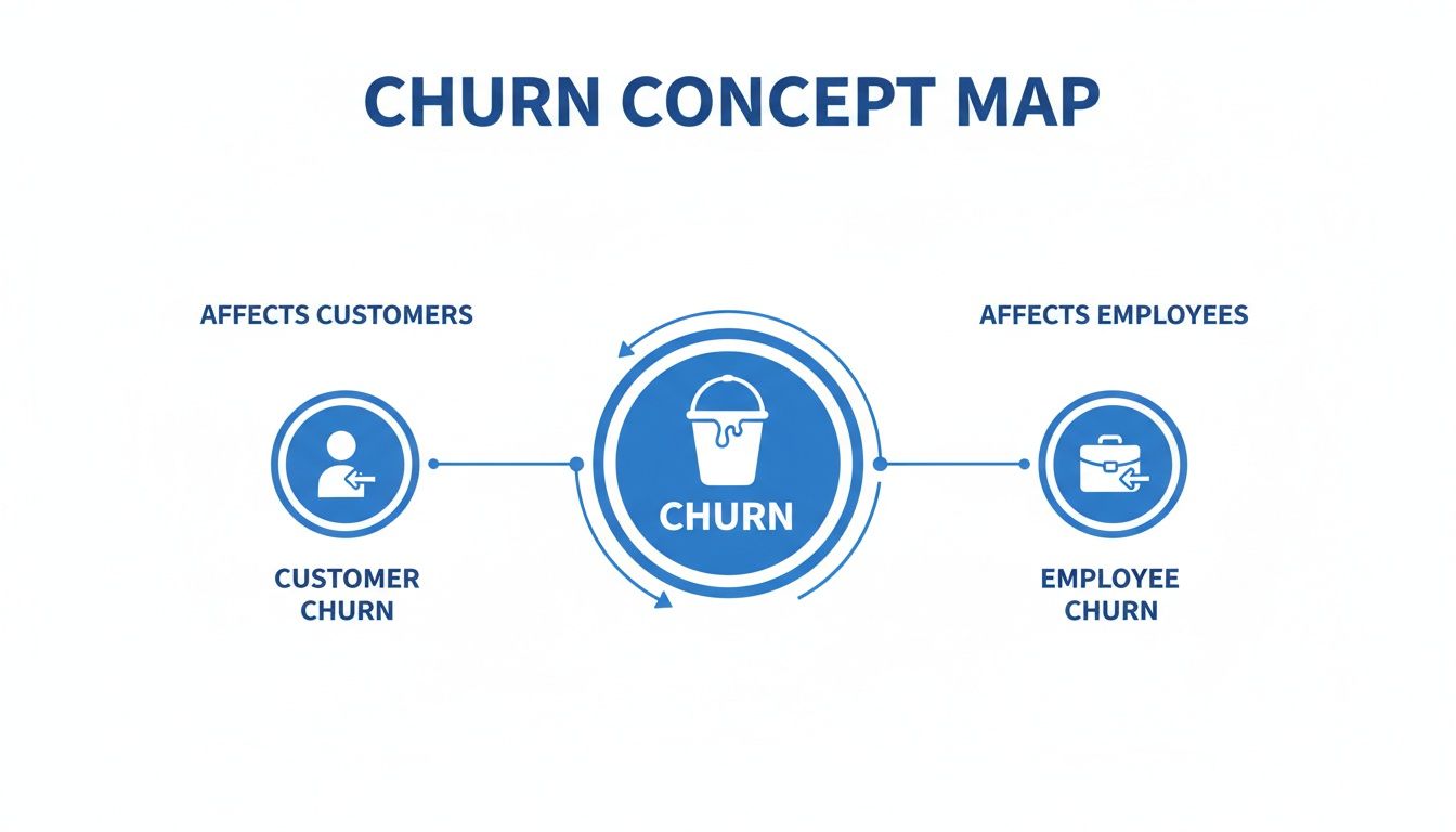 A visual concept map defining churn, showing its effects on customers and employees.