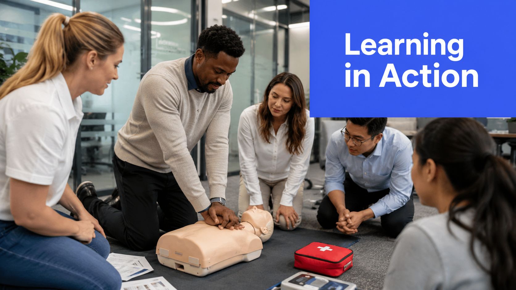 A diverse group of people participating in a hands-on CPR and first aid training class.