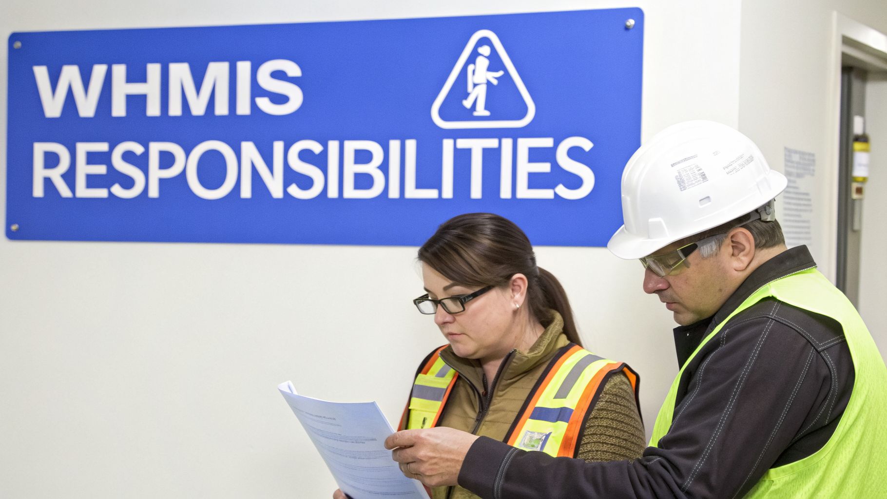 Two professionals in safety gear review WHMIS responsibilities under a blue sign.