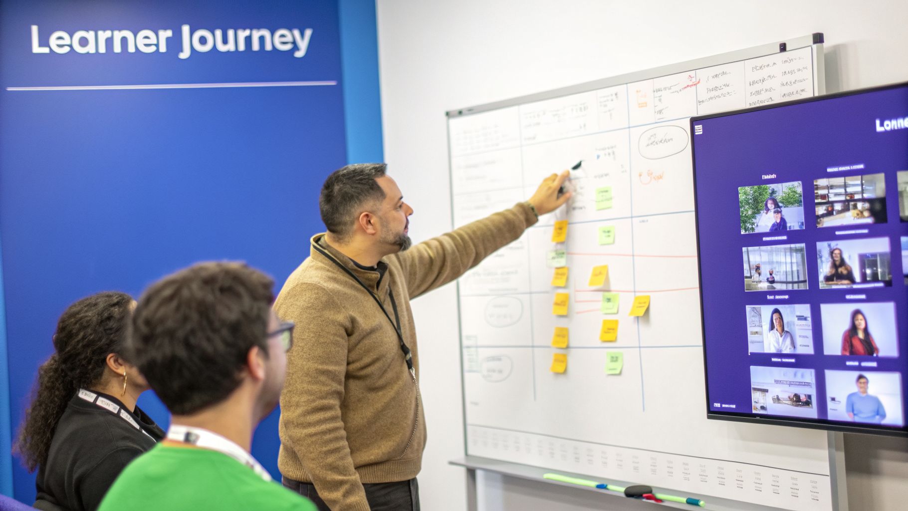 A man teaches a hybrid class, pointing at a whiteboard with sticky notes while remote participants are visible on a screen.