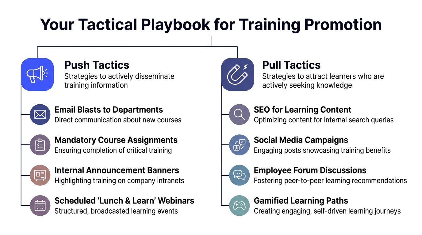 A diagram outlining tactical promotion strategies for corporate training, divided into push tactics and pull tactics categories.