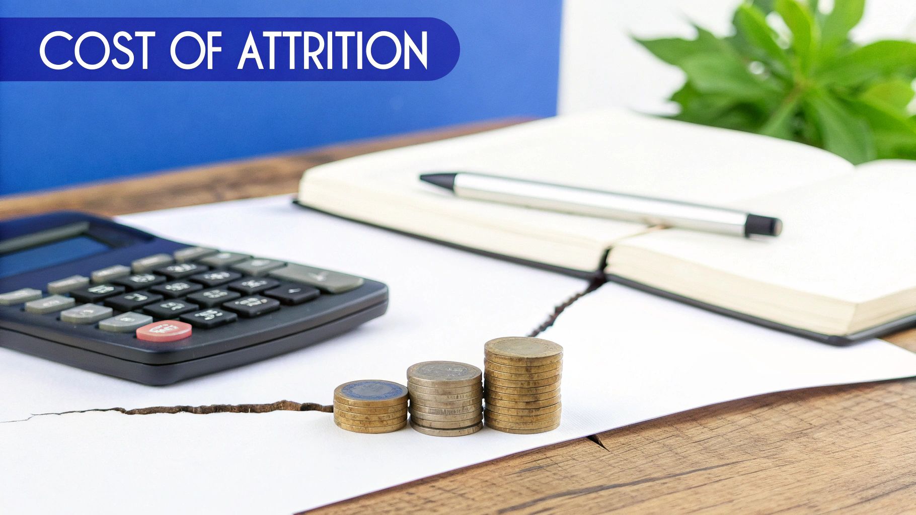 Calculator, stacks of coins, and notebook on cracked paper, symbolizing the increasing cost of attrition.