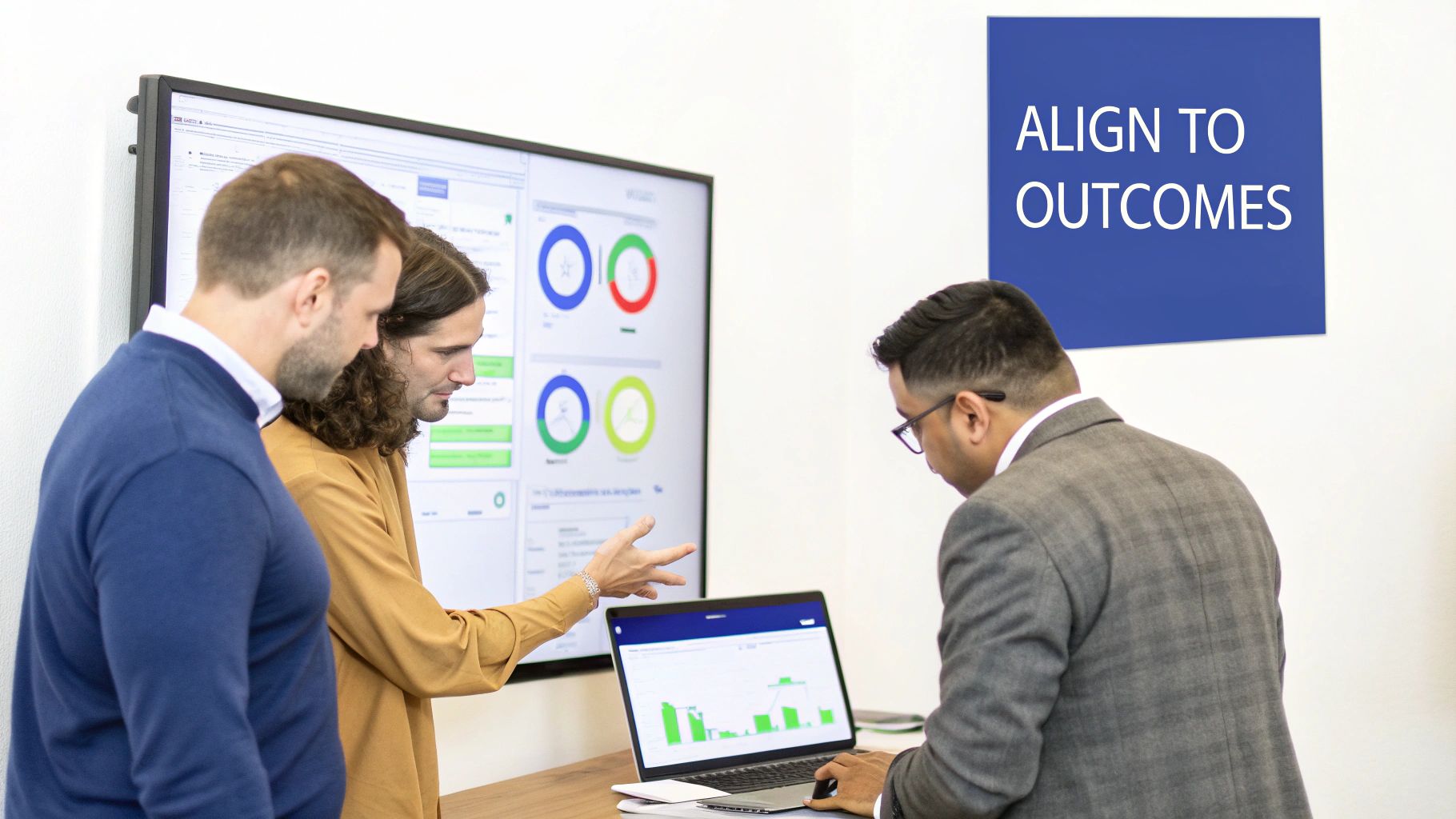 Three professionals collaborate, discussing data on a large screen and laptop in an office setting.