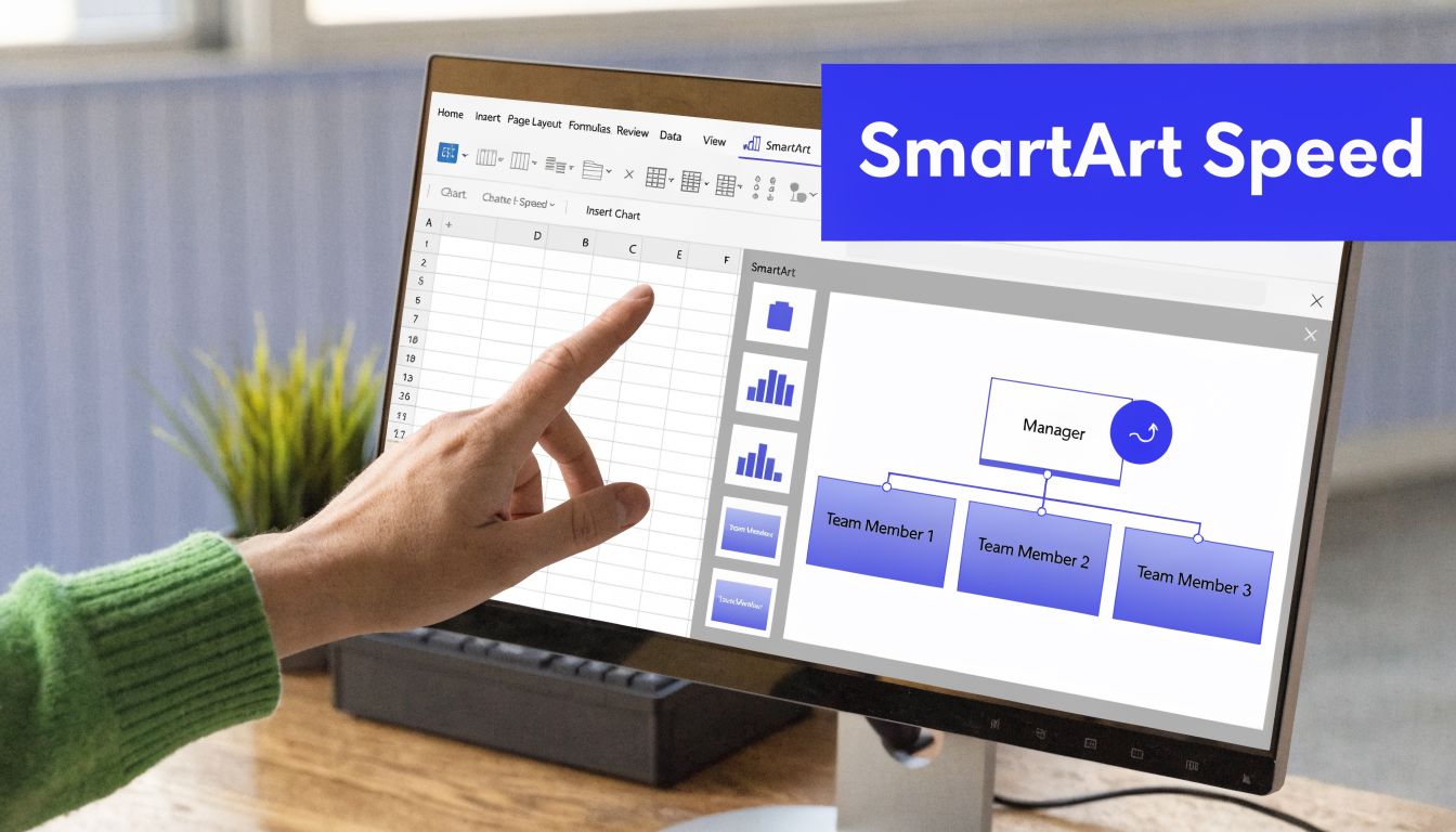 A hand pointing at an organizational chart displayed on a computer screen within Excel software.
