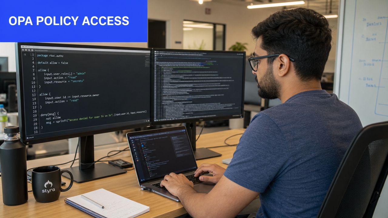 A male software developer working at a desk with multiple monitors displaying OPA policy access code.