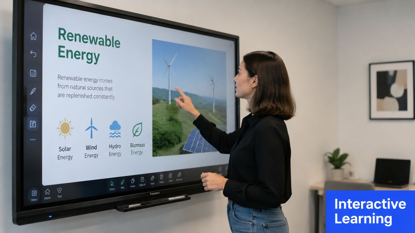 A woman presenting a lesson on renewable energy using an interactive touchscreen display in an office.
