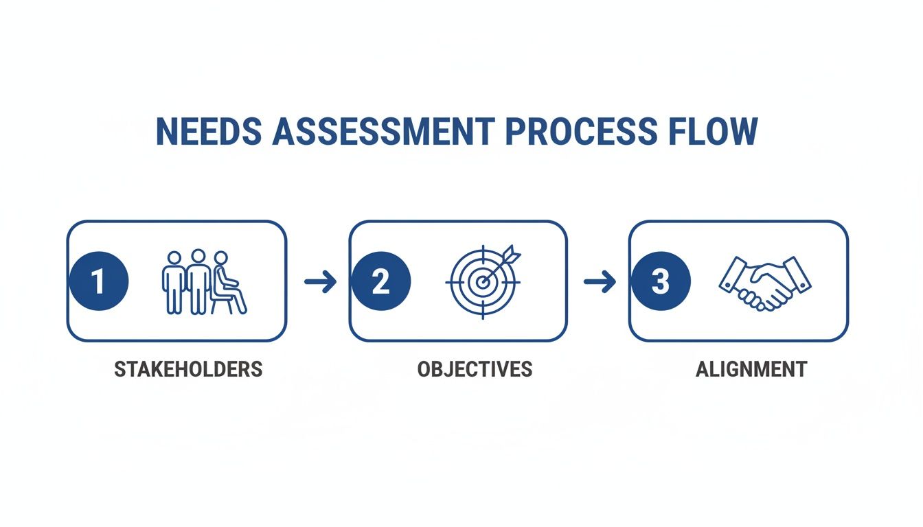 Process flow for needs assessment, detailing steps for stakeholders, objectives, and alignment.