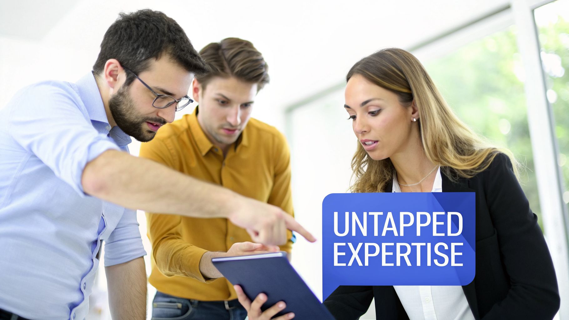 Three young professionals discuss content on a tablet, highlighting 'UNTAPPED EXPERTISE'.