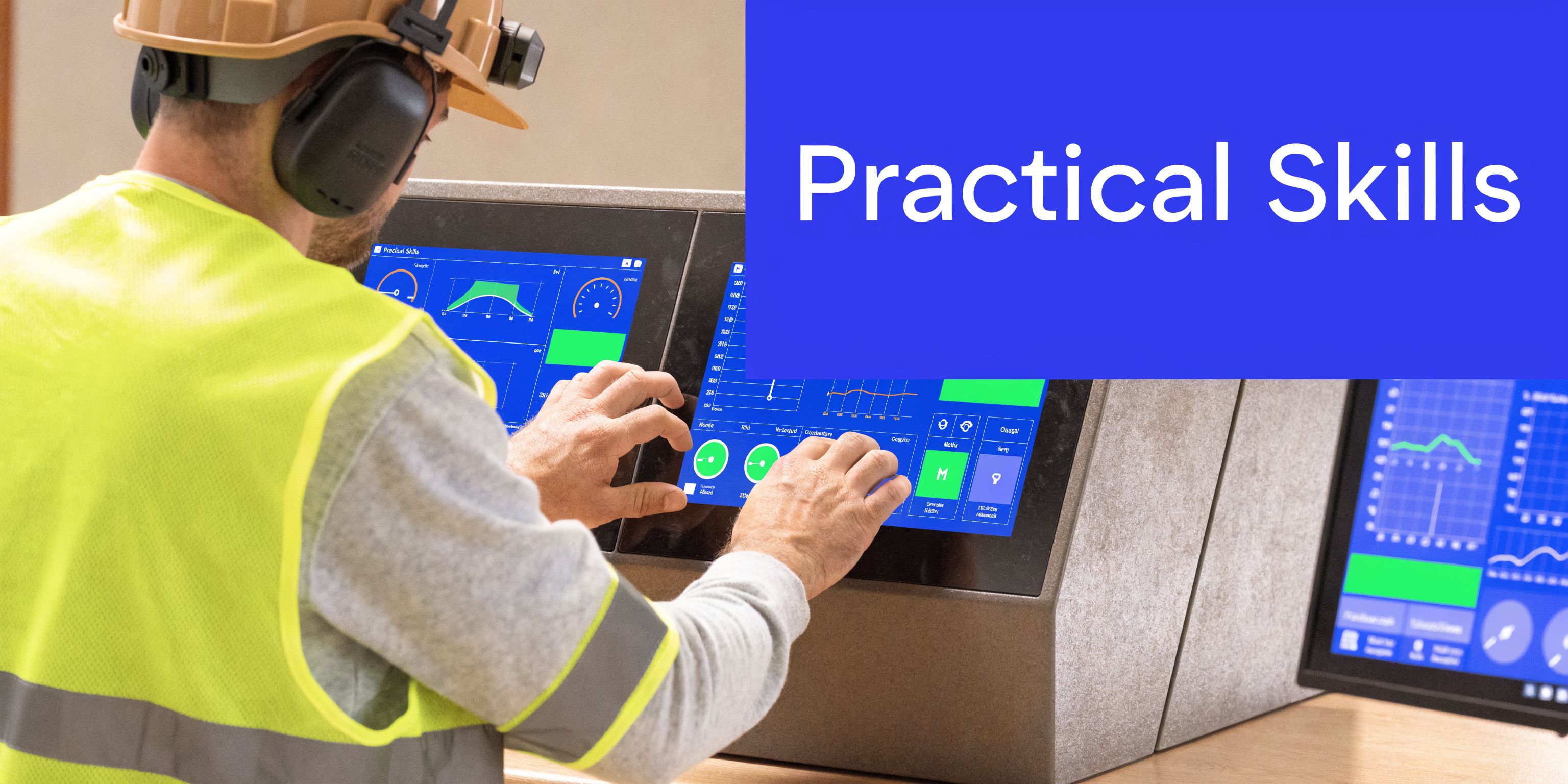 A technician wearing a hard hat and high-visibility vest interacts with an industrial building management touchscreen interface.