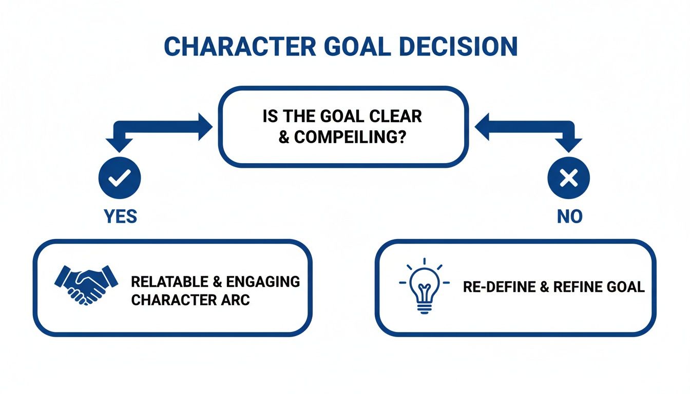 A flowchart showing character goal decision: if clear and compelling, it leads to a relatable character arc.