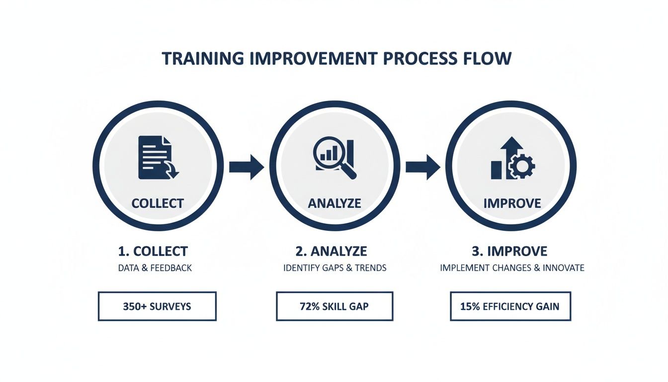 A flow chart illustrating a training improvement process with steps: Collect, Analyze, and Improve, showing key metrics.