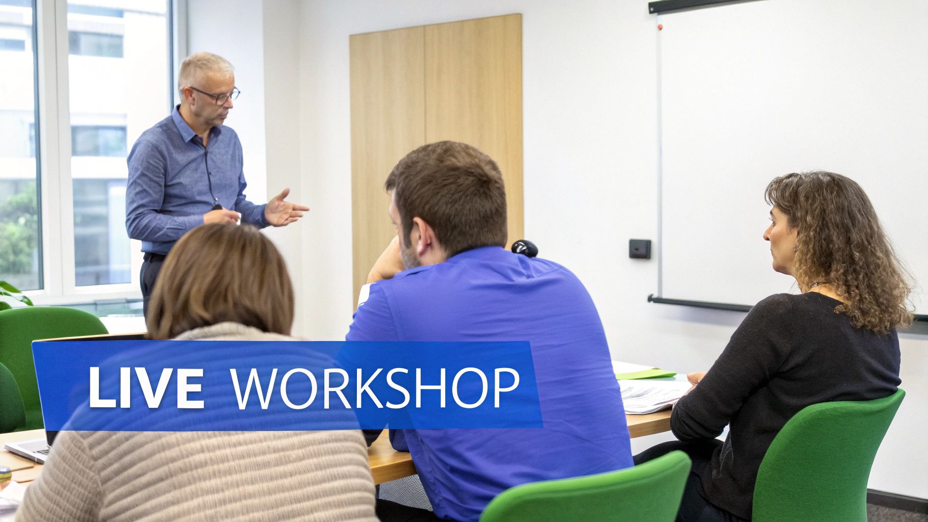 A man in glasses presents a live workshop to a small group of attentive participants in a bright room.