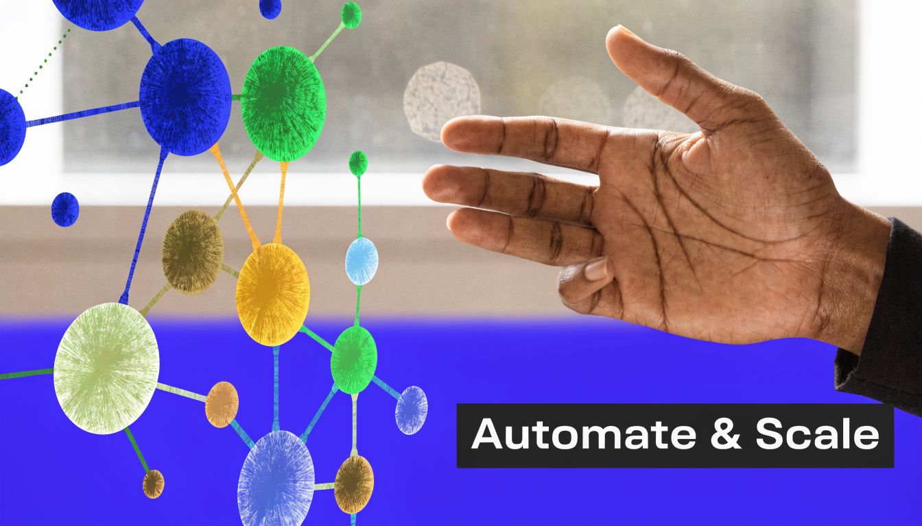 A hand gesture interacting with a colorful digital network illustration beside the text Automate and Scale.