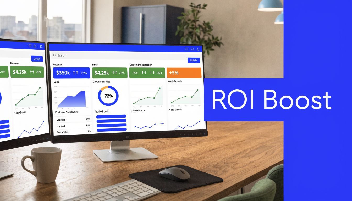 A modern office workspace featuring two monitors displaying business analytics dashboards with charts and growth metrics.