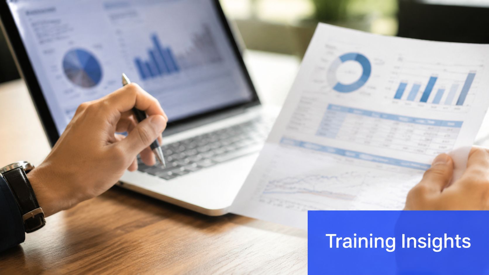 A professional analyzing financial data and charts on a laptop screen and a printed document.