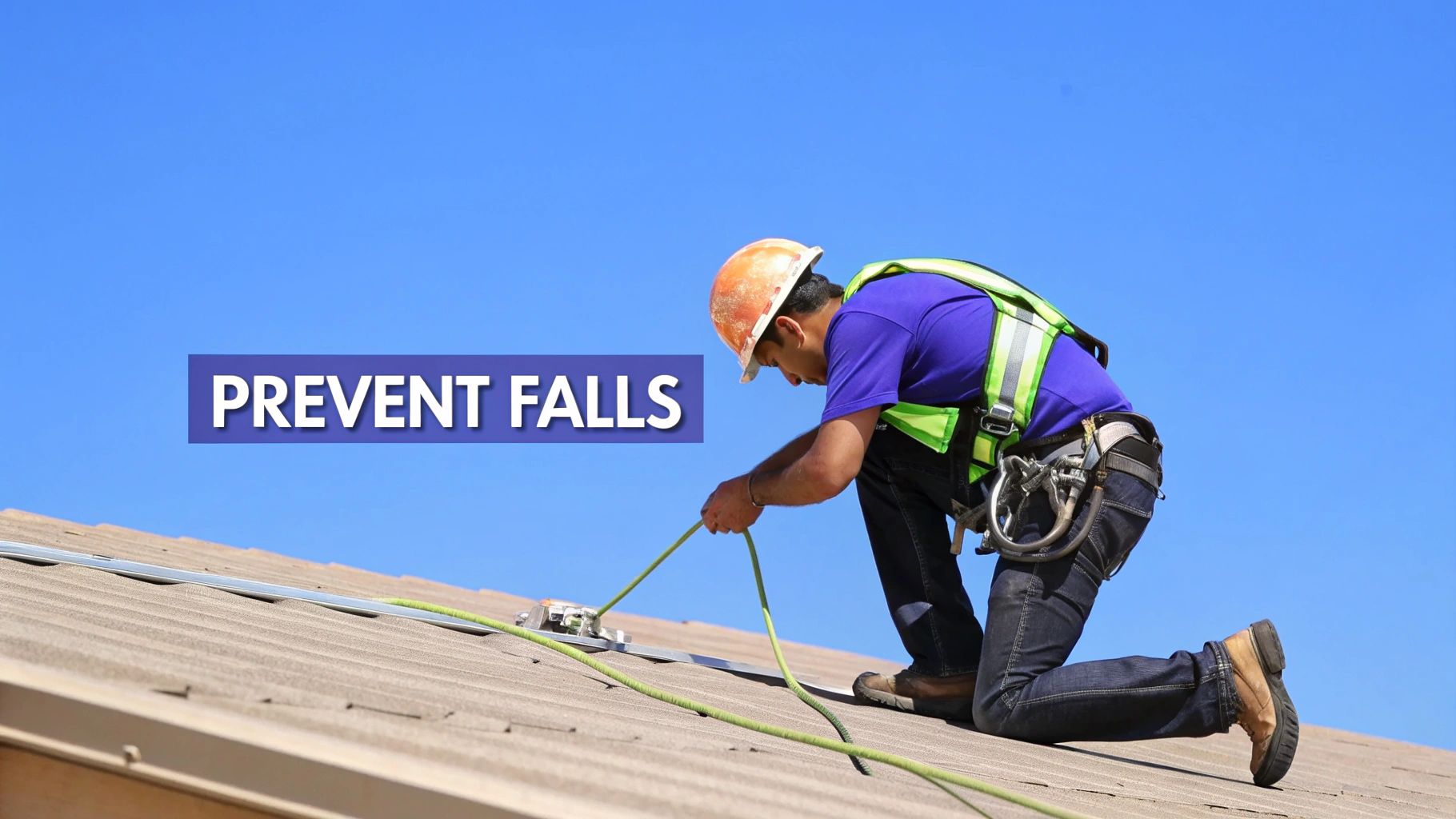 Worker on a roof wearing safety gear and harness, setting up fall protection system. Text: PREVENT FALLS.