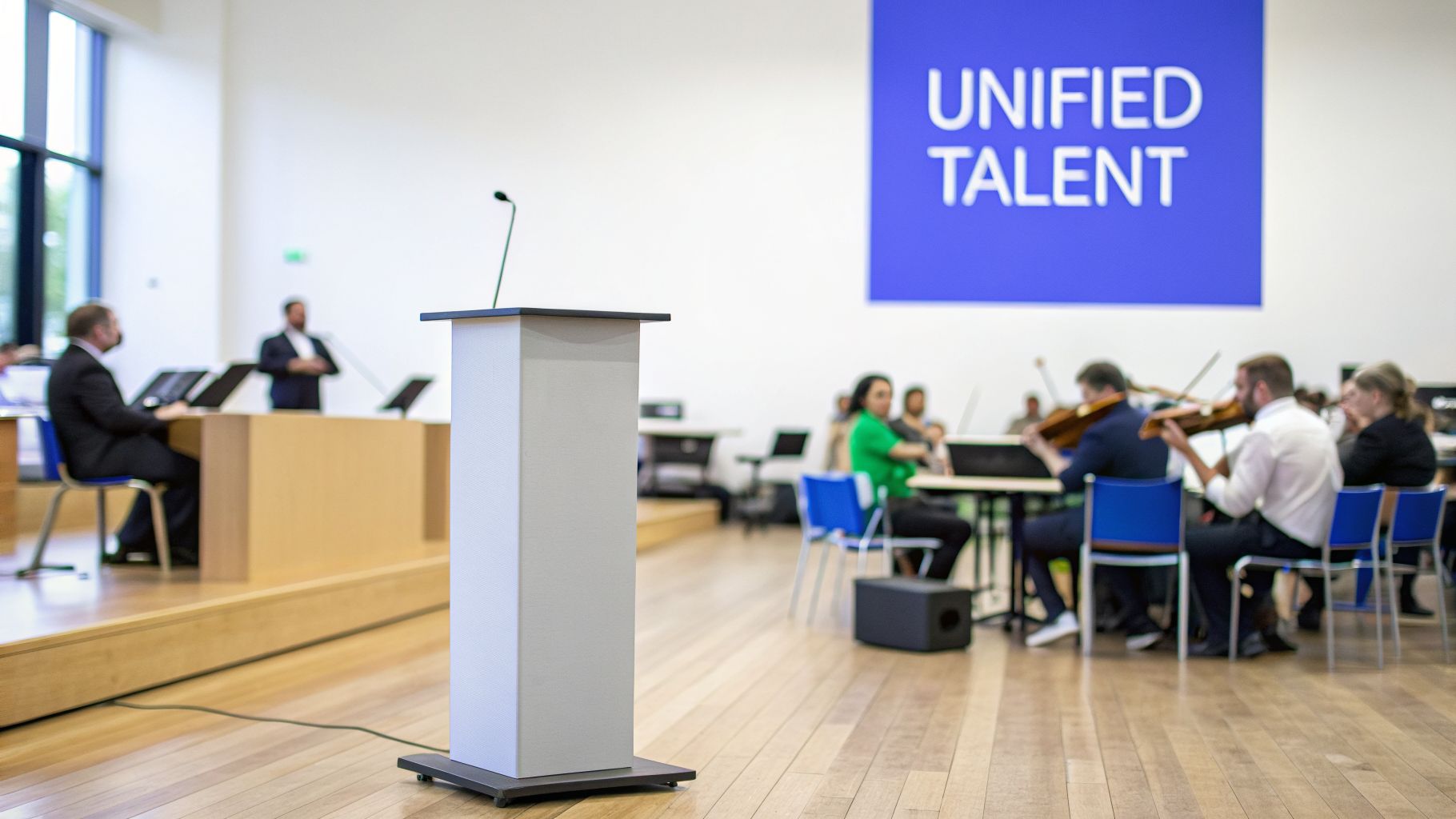 A brightly lit room with a podium, musicians playing violins, and a 'UNIFIED TALENT' sign.