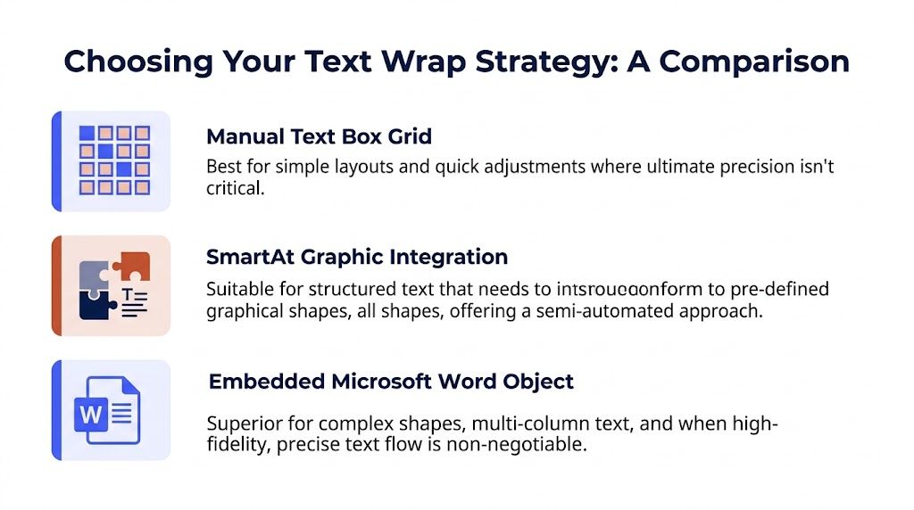 A comparison chart outlining three different text wrapping strategies for layouts including grid, SmartArt, and embedded objects.