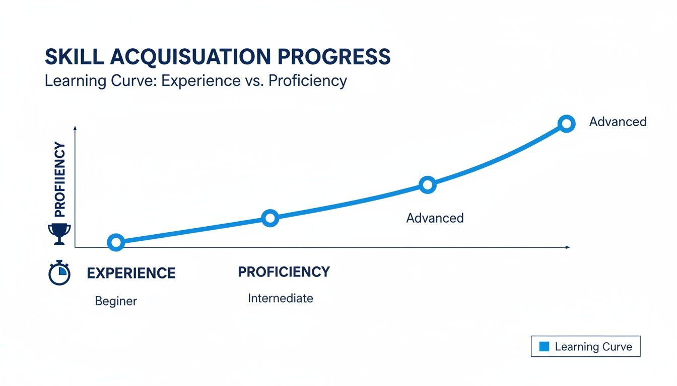 A skill acquisition progress chart illustrates a learning curve, moving from beginner to advanced proficiency with experience.