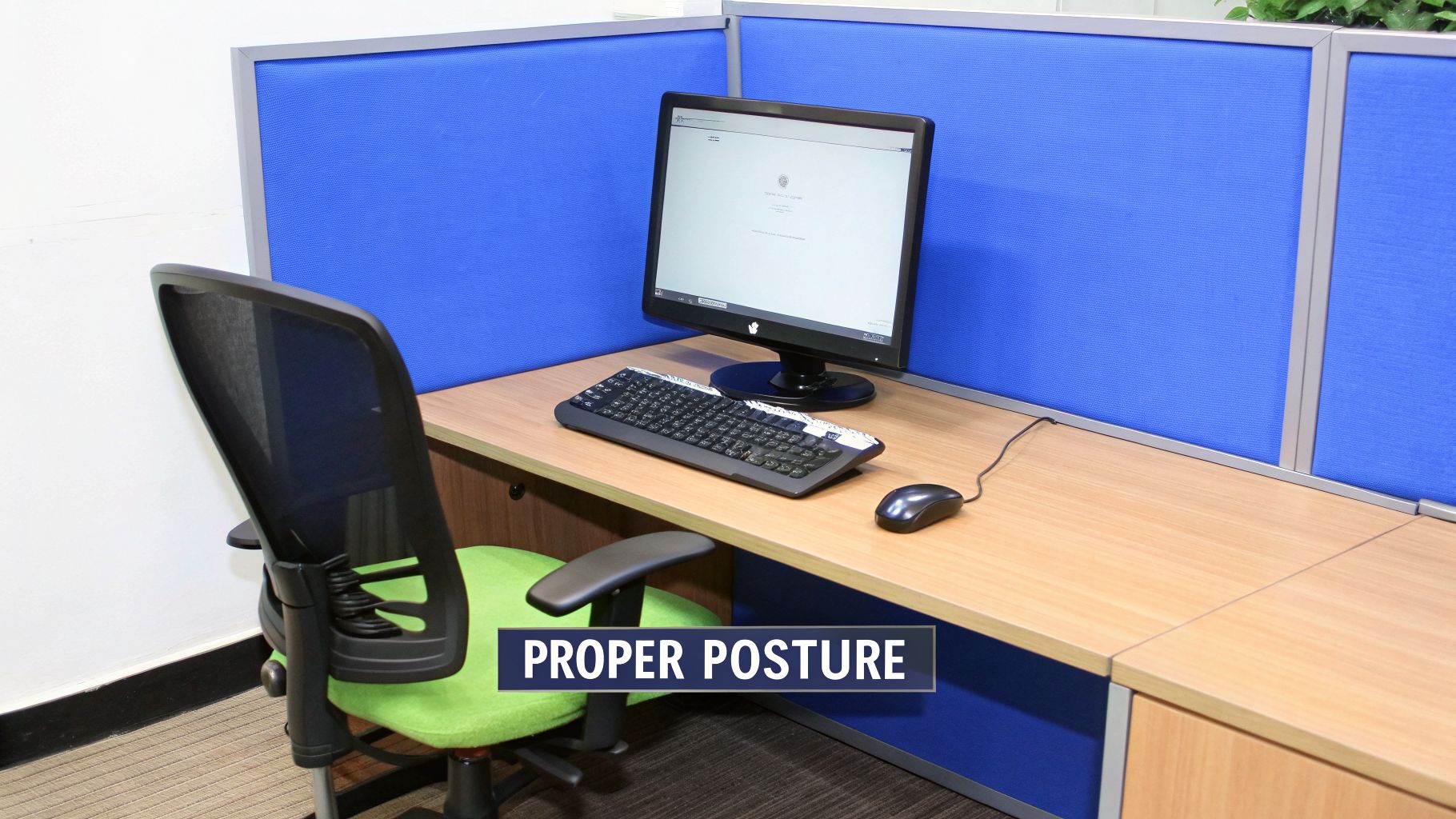 Ergonomic office setup in a cubicle with a computer and a green chair, promoting proper posture.