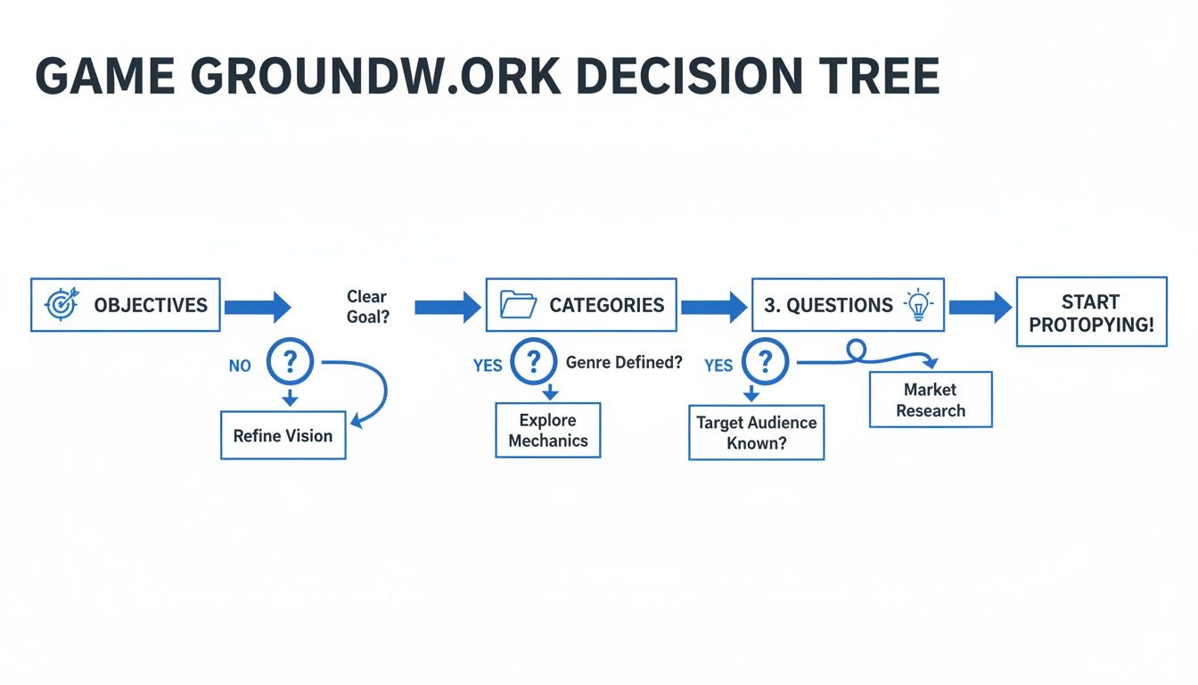 A game groundwork decision tree diagram illustrating the steps from objectives to prototyping.