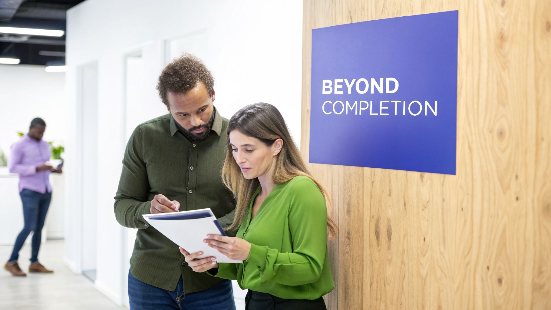 Two colleagues review documents by a wooden wall with a 'Beyond Completion' sign.