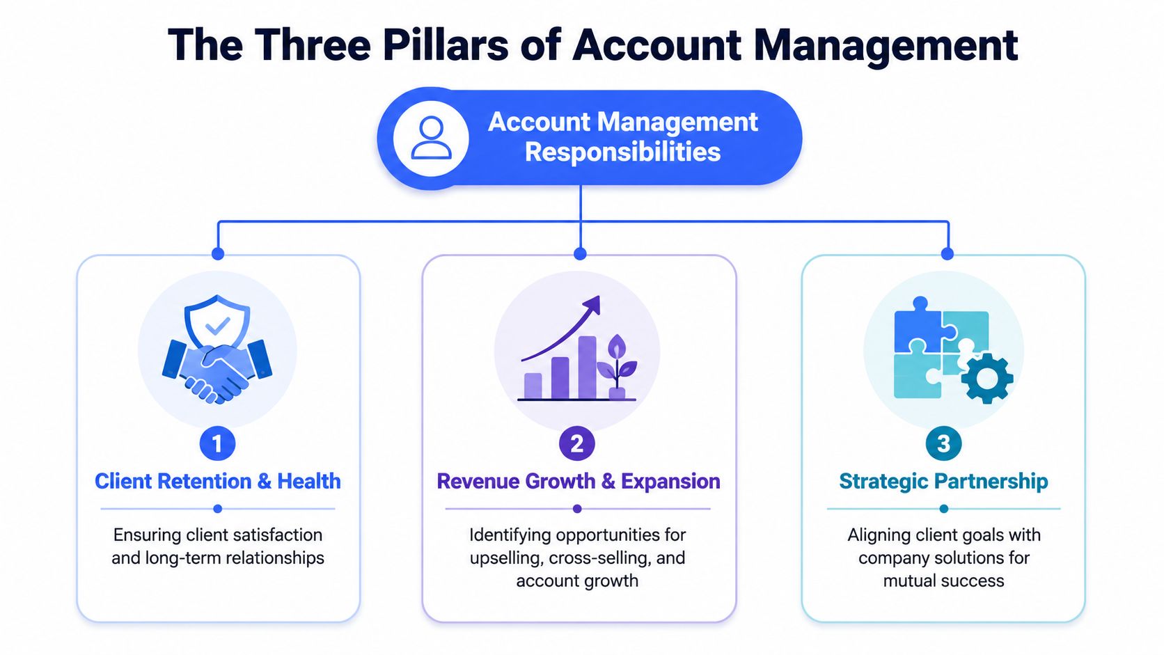 A diagram outlining the three core pillars of account management responsibilities for business success.