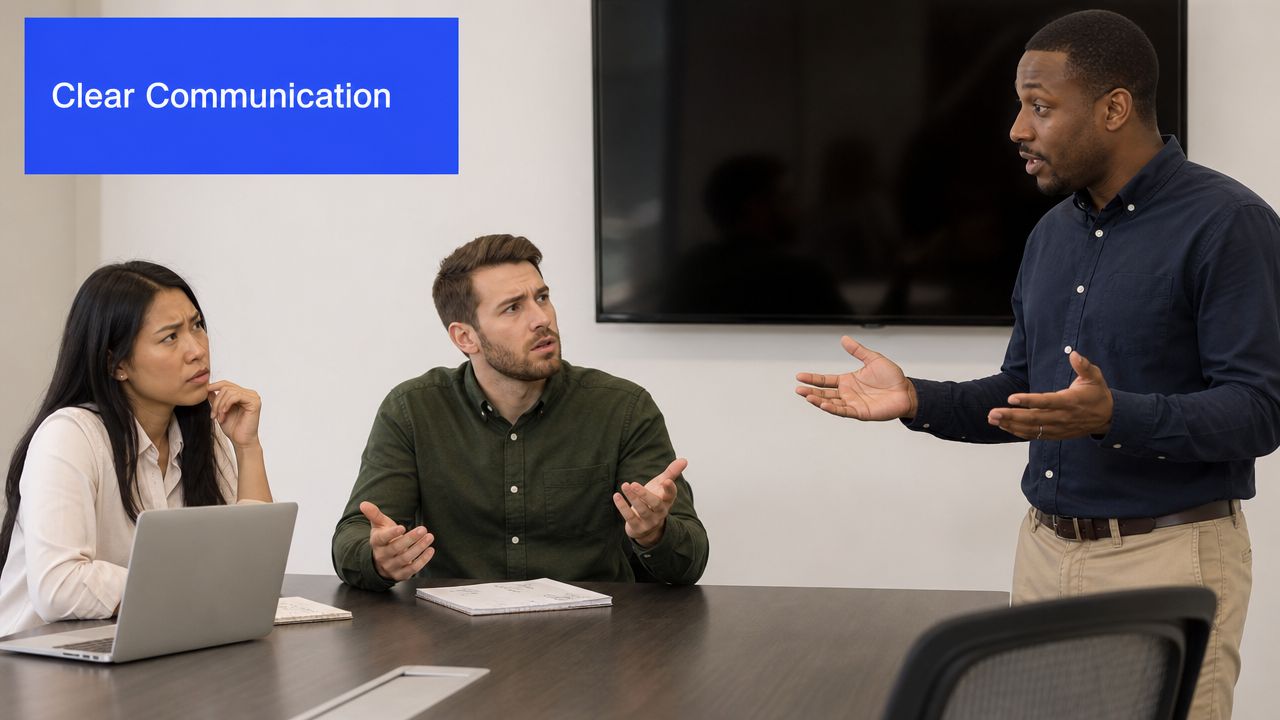 Three colleagues discussing and having a disagreement during a business meeting in an office setting.
