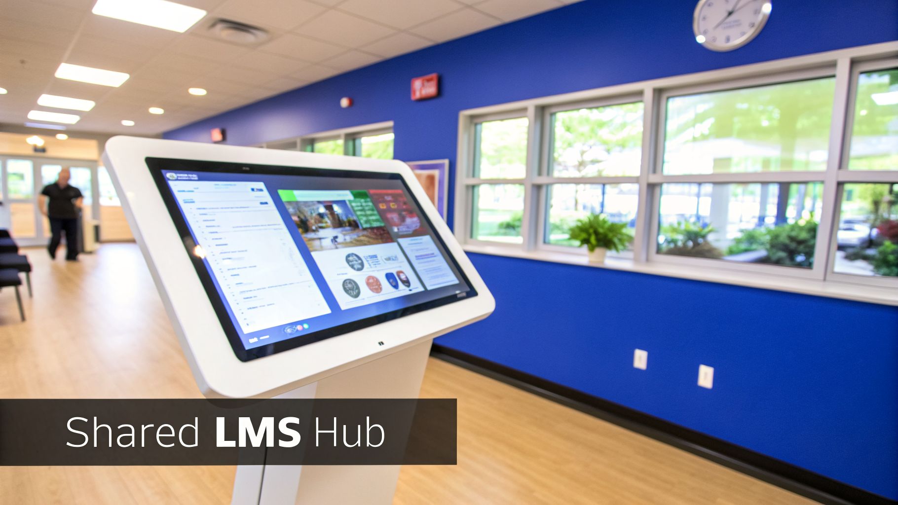 An interactive digital kiosk displaying an LMS in a modern hallway with blue walls and windows.