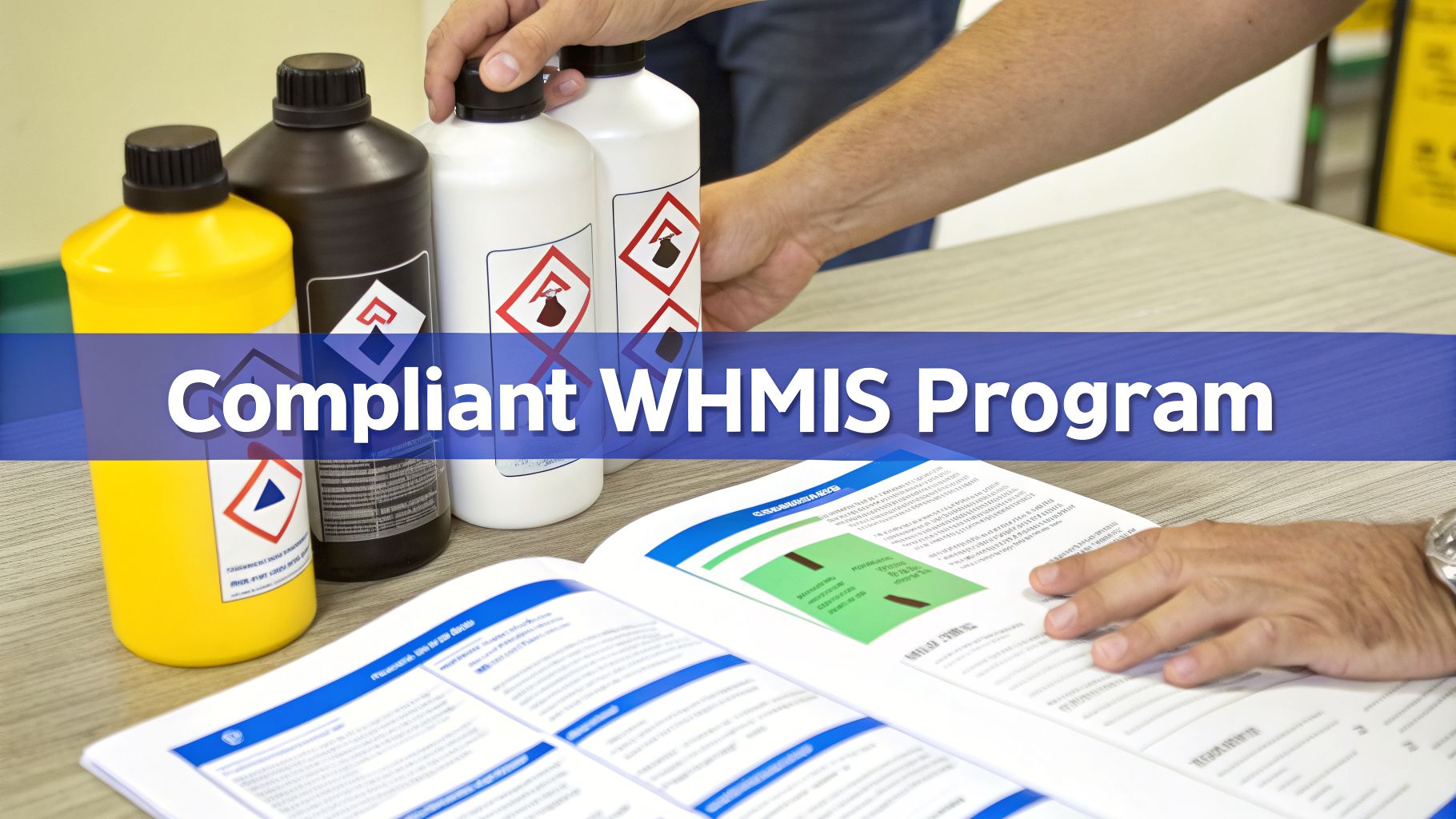 A person reviewing a WHMIS compliance program manual next to several hazardous material bottles with labels.