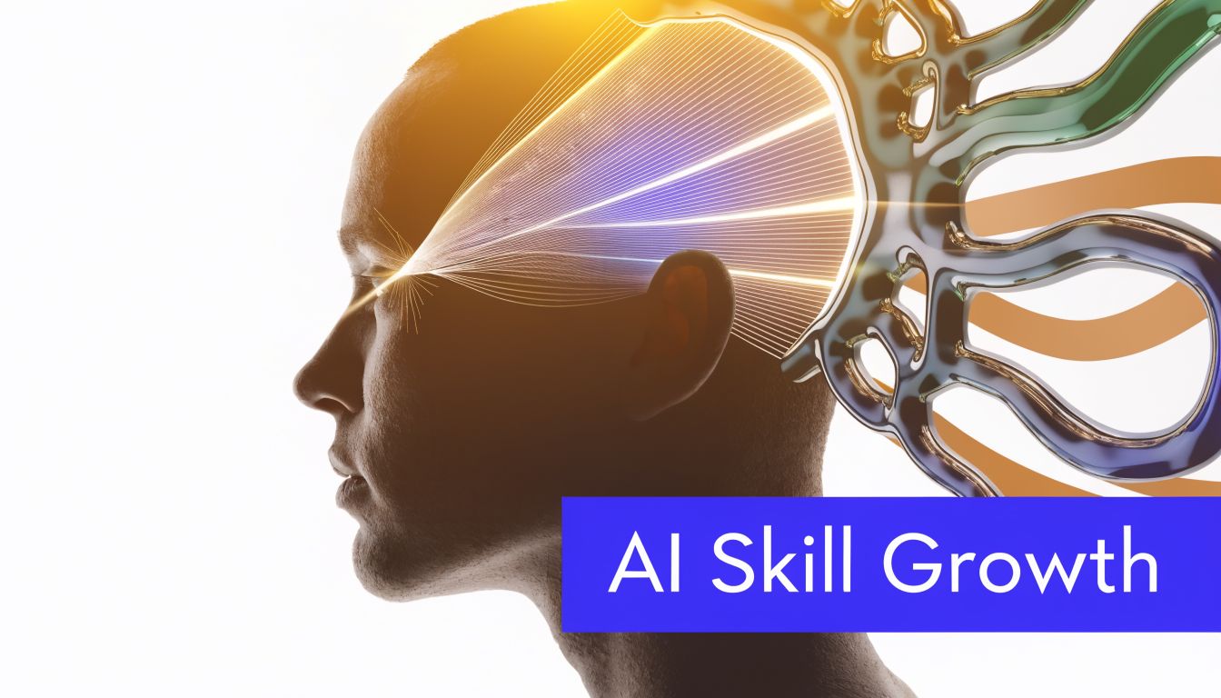 A digital illustration of a human profile with neural network light rays representing AI skill growth development.