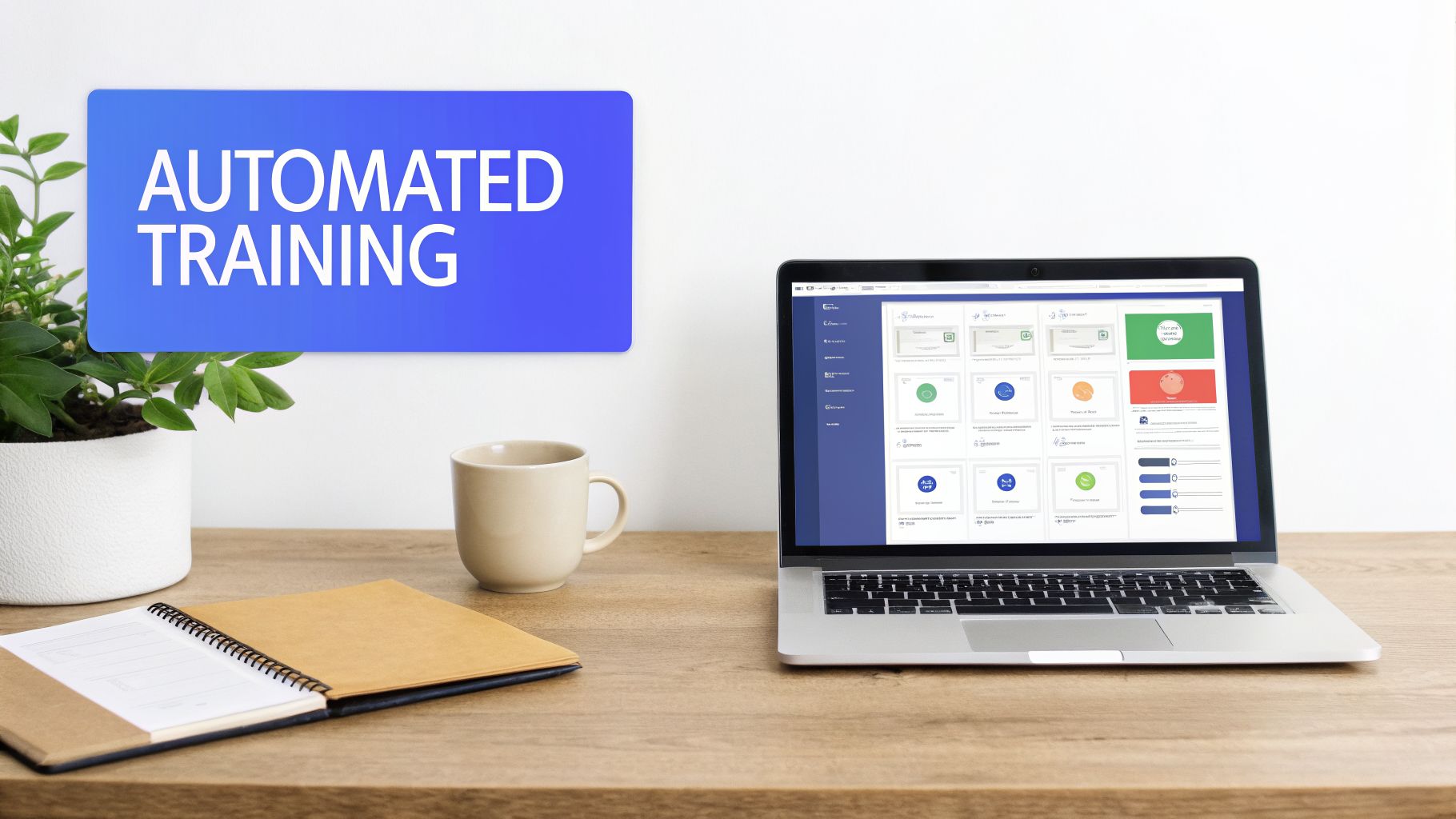 Modern office desk with a laptop displaying a training platform and an 'Automated Training' sign.