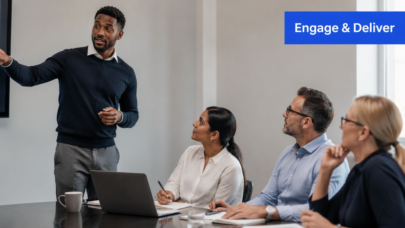 A professional man leads a corporate training session while his team members listen and take notes.