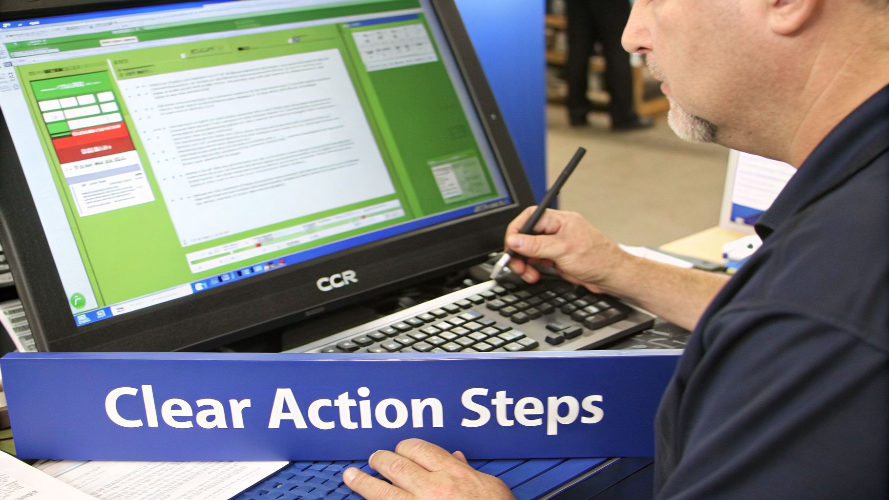 Man using a computer with a stylus, displaying a green interface and a 'Clear Action Steps' sign.